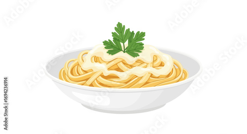 Delicious spaghetti with cream sauce and fresh parsley illustration