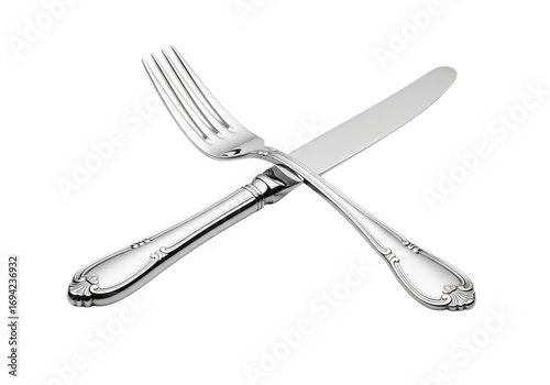 Elegant silver fork and knife crossed together symbolizing dining food meal service restaurant