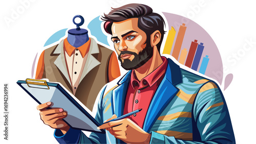  Close-up portrait of male fashion designer holding pencil sketch on clipboard. Isolated white background highlights creativity, elegance, and the modern artistry of clothing design.