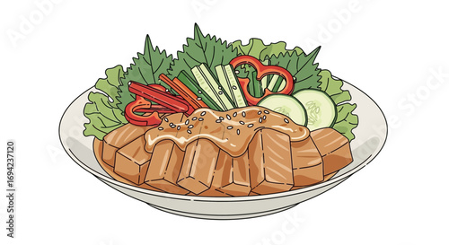 Delicious Tofu Salad Artwork with Sesame Dressing and fresh vegetables