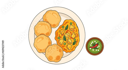 Delicious traditional indian meal with pooris, curry and flavorful chutney