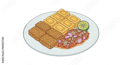 Delicious vegetarian food on a plate, tempeh, tofu and spicy sambal dish