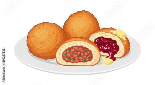 Deliciously filled pastries presented on a plate in a cartoon illustration