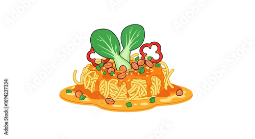 Deliciously illustrated plate of noodles with vibrant sauce and toppings