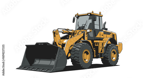 Illustration of a yellow wheel loader isolated on white background, showcasing its robust tires, bucket, and cabin, ideal for construction and heavyduty tasks