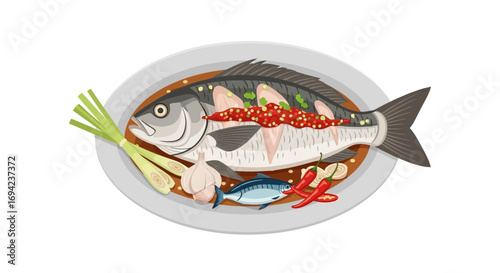 Deliciously prepared seabass with chili sauce on a white background