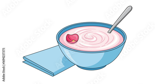 Delightful breakfast bowl of pink yogurt topped with a flower petal art