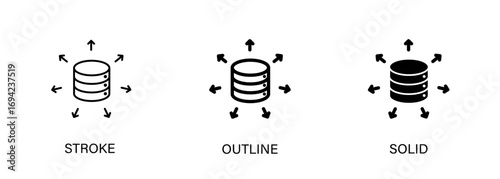Data distribution icons for technology, database, internet, connection. Vector stroke, outline and solid icons. Eps10.