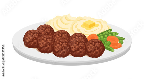 Delightful plate of meatballs, mashed potatoes, and garden vegetables illustration