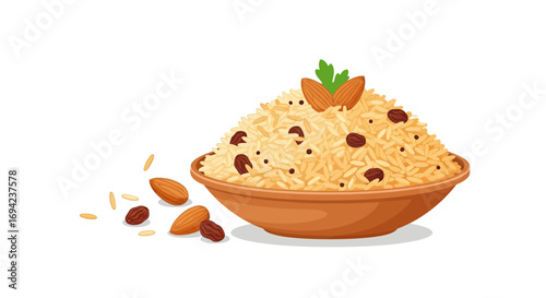Delightful presentation of persian rice with almonds and raisins bowl