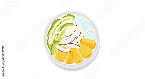 Exotic fruit dessert bowl featuring avocado, pineapple, and coconut shavings