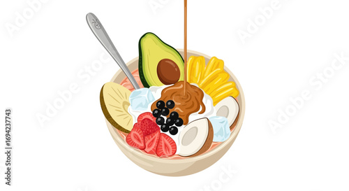 Exotic fruit salad explosion with tapioca and caramel drizzle delight