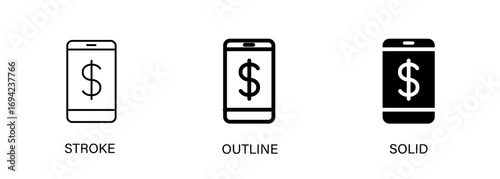 Phone and money icons for finance management, fintech, mobile, payments. Vector stroke, outline and solid icons. Eps10.