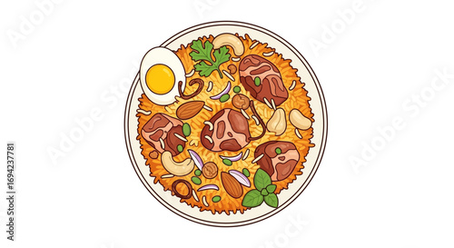 Exquisite Chicken Biryani Platter, A Culinary Cartoon Vector Illustration