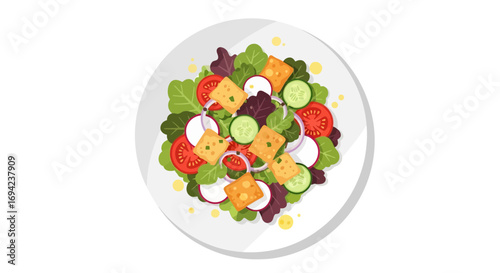 Fresh salad plate with tomatoes, cucumbers, and croutons illustration