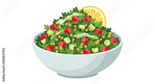 Freshly prepared colorful salad in a bowl with lemon slice illustration