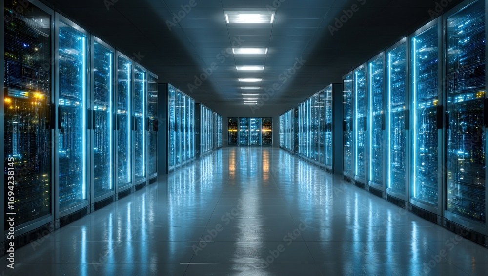 Fototapeta premium Dark server room illuminated by glowing blue lights. Rows of server cabinets line a long corridor. Sleek, modern design