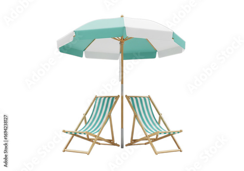Two striped beach chairs and open parasol ready for summer relaxation vacation getaway