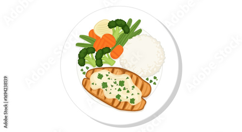 Healthy plate illustration with grilled fish, rice, and fresh vegetables