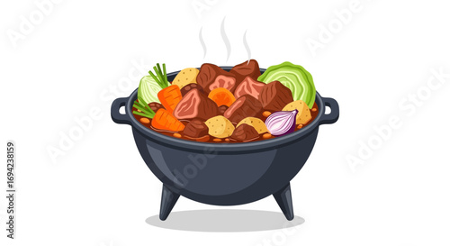 Hearty cartoon beef stew simmering in a cast iron pot with vegetables