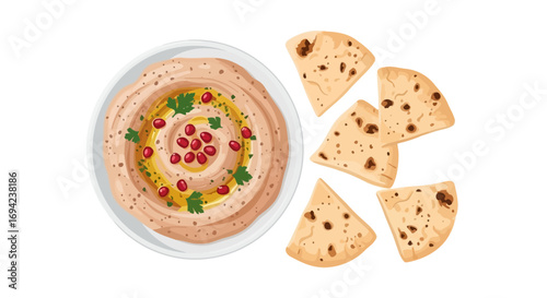 Hummus bowl with pita bread and fresh garnish, culinary delight and snack