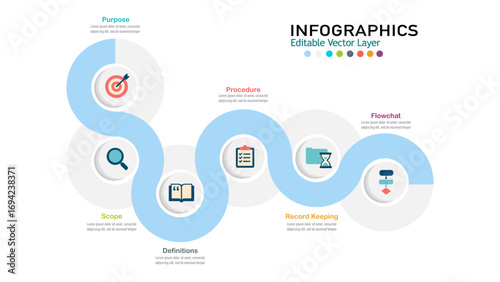 Business infographic vector template with 6 steps, icons, and wavy timeline. Ideal for flowcharts, processes, and presentations. Editable vector layer.