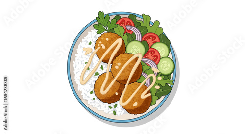 Illustration of a delicious falafel plate with rice, sauce and fresh salad