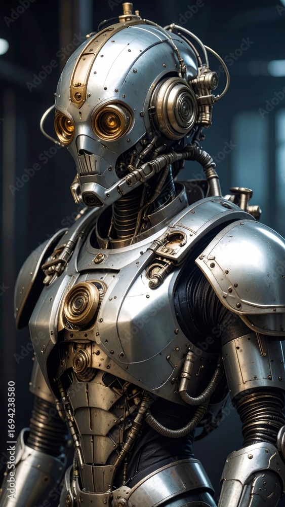 Fototapeta premium a humanoid robot with a metallic, futuristic design. the robot has a smooth, silver helmet like head with golden, glowing eyes and a partially concealed mouth