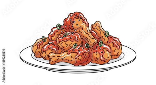 Illustration of a vibrant plate of Korean fried chicken with sesame seeds