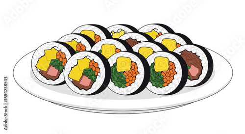 Illustration of a Variety of Delicious Korean Gimbap Rolls on a Plate