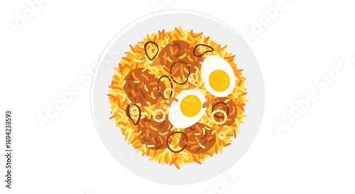 Illustration of Chicken Biryani with Boiled Eggs on a White Plate