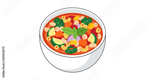 Illustration of minestrone soup with vibrant vegetables and pasta shapes
