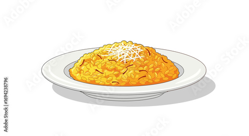 Illustrative Saffron Risotto with Parmesan Cheese on a White Plate