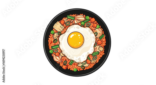 Kimchi Fried Rice with Fried Egg Illustration, Delicious and Tasty