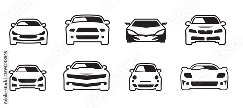 Car Front View Icons Set – Modern Vehicle Silhouettes, Automotive Vector illustration Collection