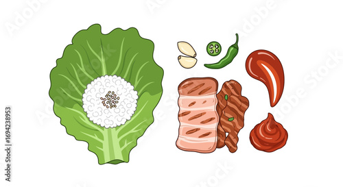 Korean barbecue with lettuce, rice, meat, sauces, pepper and garlic setup