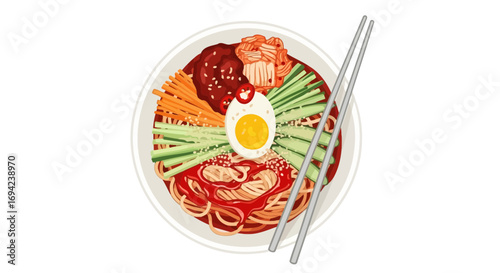Korean Bibim Guksu Spicy Cold Noodle Bowl Illustration Flat Lay Composition