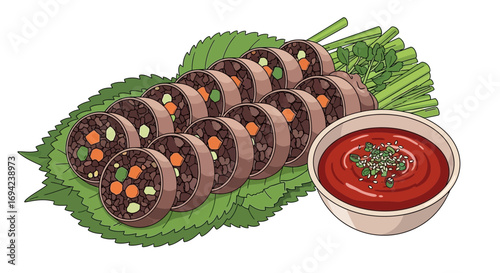 Korean Blood Sausage or Sundae Slices Served with Sauce and Vegetables