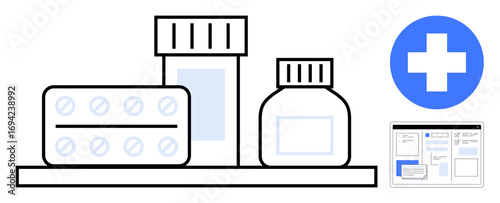 Medicine containers, blister pack, pharmacy cross icon, and digital health management interface. Ideal for healthcare, pharmacy, medicine, telehealth, prescription medical supplies online services