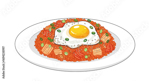 Korean kimchi fried rice with a fried egg on a white plate dish