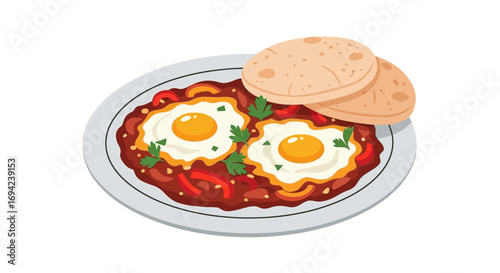 Shakshuka served with flatbread on a plate, a mediterranean breakfast