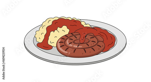 Spiral sausage and mashed potatoes drizzled with flavorful tomato sauce