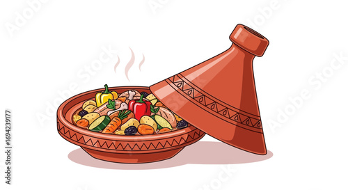 Steaming tagine illustration featuring traditional moroccan culinary dish