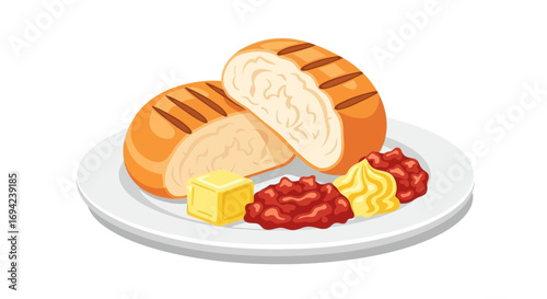 Stylized breakfast plate featuring bread halves, butter, and condiments