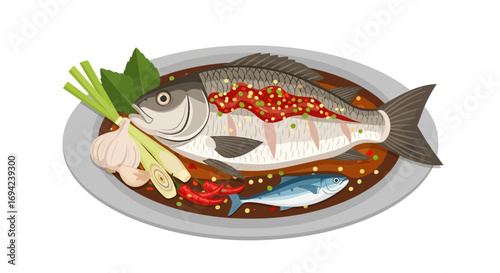Thai style steamed fish with spicy sauce and fresh herbs illustration