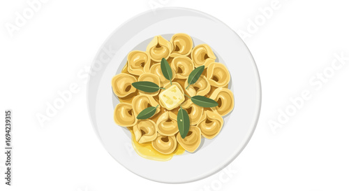 Tortellini pasta dish with butter and sage garnish on a white plate