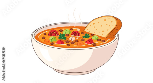 Vibrant and appetizing cartoon soup with bread illustration on white background