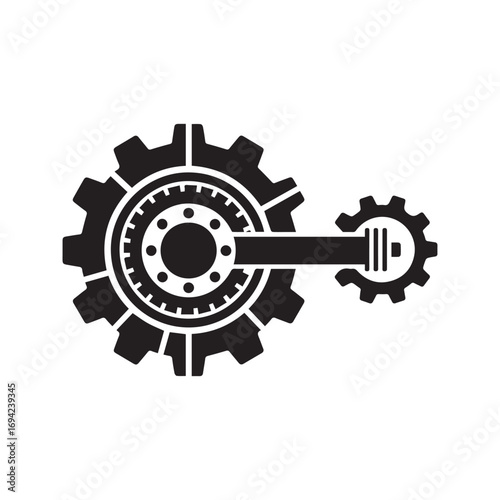 Steampunk style gear mechanism vector. Black silhouette of connected cogwheels, industrial machine part icon for technology and engineering design, isolated on white background.

