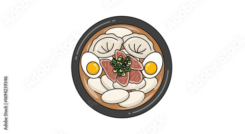 Tteokbokki Korean Cuisine Bowl with Dumplings and Eggs Illustration