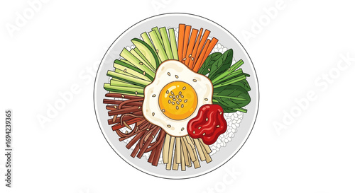 Vibrant bibimbap illustration with varied textures and colorful toppings